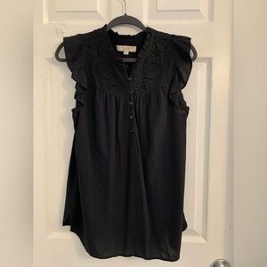 LOFT women’s Black Ruffled short sleeved Blouse. Size medium $10